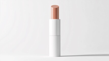 Isolated on white, a sleek lip balm stick showcases a glossy cylindrical container with a modern label emphasizing its organic ingredients, ideal for beauty product promotions.