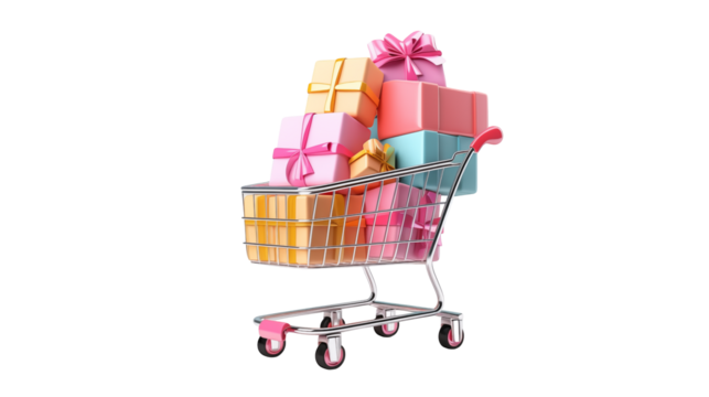 Shopping Cart Overflowing with Colorful Gifts isolated on transparent background