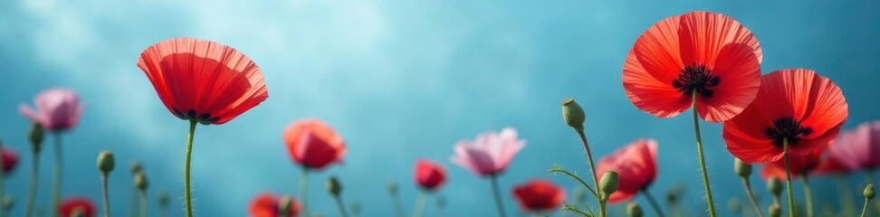 Obraz premium Delicate poppy petals unfolding on a serene blue background, texture, poppies