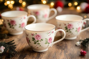 exquisite arrangement of rose-patterned tea cups on a wooden table, illuminated by soft light, creating a serene and inviting atmosphere