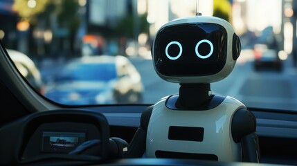 Fototapeta premium A robot driver at the steering wheel of a car on a city street, modern technology and artificial intelligence