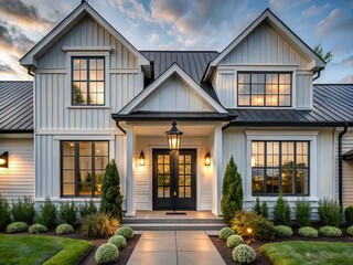 Modern Farmhouse Exterior: Monochrome Elegance with Industrial Metal Accents