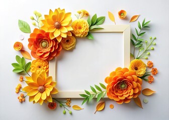 Yellow & Orange Paper Flower Frame Mockup, Flat Lay, White Background, Copy Space for Text, Craft Decoration, Spring, Summer