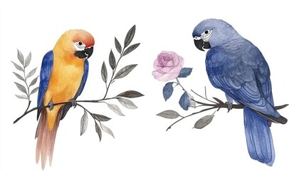 Obraz premium Two vibrant watercolor parrots perched on branches, surrounded by leaves and a rose, showcasing nature's beauty