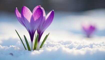 Fototapeta premium delicate purple crocus blooms on crisp white petals, soft focus, single bloom, winter flowers