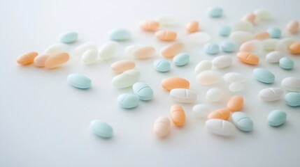 Assorted pastel pills scattered on white background; healthcare