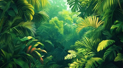 Fototapeta premium Lush Tropical Rainforest Canopy, Sunlight Dappled, Background, Nature