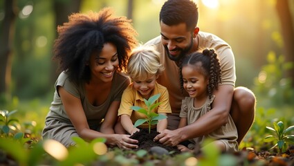Fototapeta premium Happy family planting trees together outdoors, promoting environmental awareness and family bonding.
