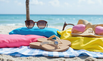 Stylish Beachwear Collection with Sunglasses and Flip Flops A stylish display of beachwear including brightly colored swimsuits, sunglasses, and flip flops, placed neatly