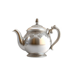 Elegant silver teapot with intricate floral design and ornate handle, Isolated on white background