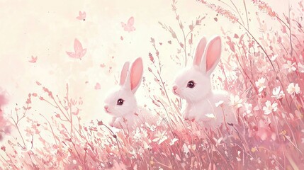Fototapeta premium Sweet Baby Bunnies in a Pink Meadow