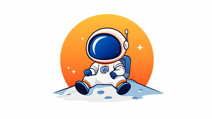 Astronaut resting on moon, sunset background; space exploration, children's book illustration