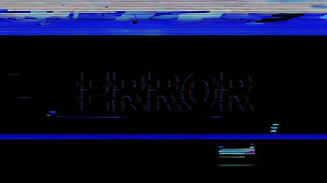 Error text violently glitches in void. Static camera with aggressive RGB channel separation. Horizontal scan lines tear across frame. Text corrupts, fragments, destabilizes with chaotic rhythm.