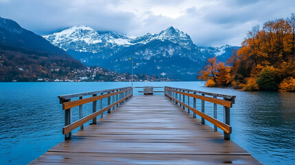 Obraz premium Autumn lake pier, mountains background, calm waters, scenic view, travel photography