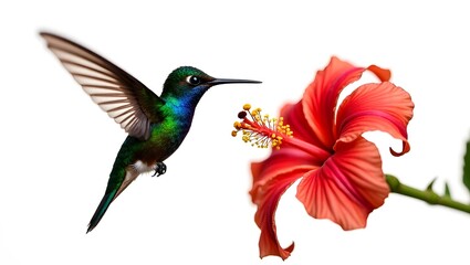 Fototapeta premium A vibrant hummingbird hovers near a radiant red flower, poised for a sweet nectar kiss, isolated white background