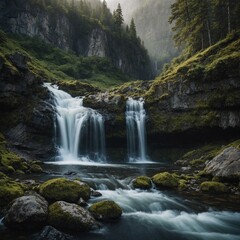 Fototapeta premium How does a waterfall's location—near cliffs, forests, or mountains—affect its character?