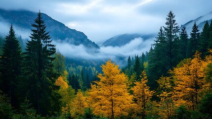 Obraz premium Autumnal mountain valley fog sunrise, golden trees, scenic landscape, nature wallpaper