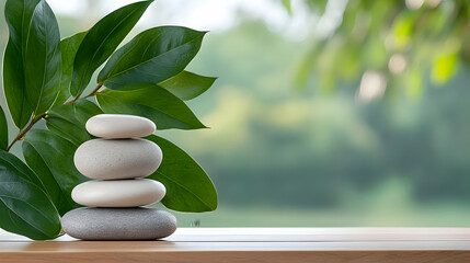 Balanced stones, zen garden, nature backdrop, tranquility concept, wellness imagery