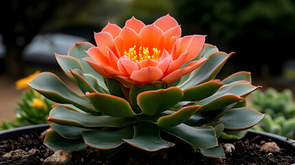 Blooming orange succulent in pot, garden background, nature photography, website/blog use