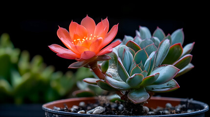 Blooming succulent plant in pot, dark background, close-up view, perfect for gardening blogs