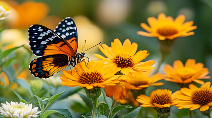Fototapeta premium Butterfly on yellow flowers in garden, nature background. Perfect for spring or summer themes