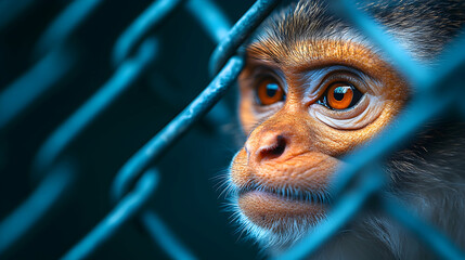 Captive monkey, zoo enclosure, sad eyes, dark background, animal welfare campaign