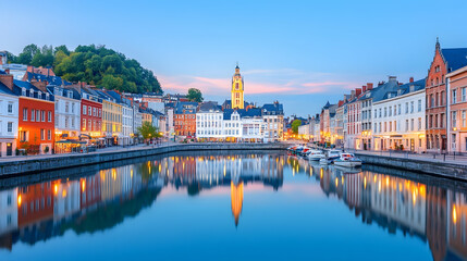 Obraz premium Charming Belgian town at dusk, canal reflections, hilltop greenery, idyllic evening scene, travel brochure