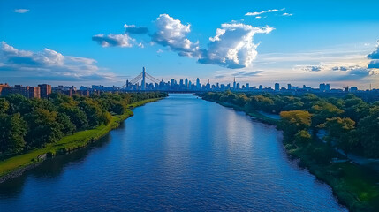 Obraz premium City skyline viewed from river, summer day, green banks, scenic urban landscape, ideal for travel brochures