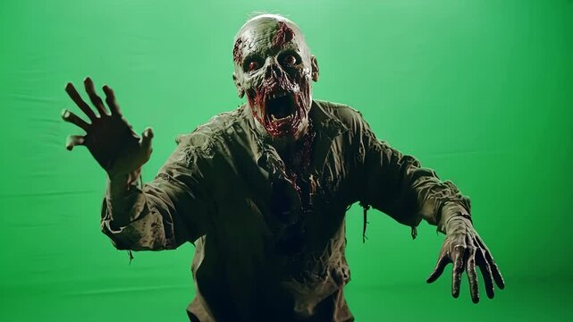 A zombie lunges forward with outstretched arms, decayed flesh, and tattered clothing. The backgrouxnd is a chroma key green screen.