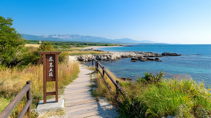 Obraz premium Coastal boardwalk path leading to serene beach, mountains backdrop, summer day, travel destination