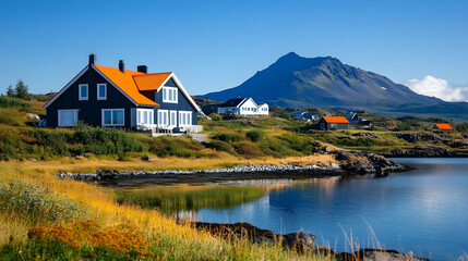 Coastal houses, mountain backdrop, serene lake, idyllic summer landscape, real estate