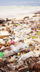 Plastic waste and debris on a polluted beach, ocean pollution, trash, garbage, highlighting the need for recycling and nature conservation