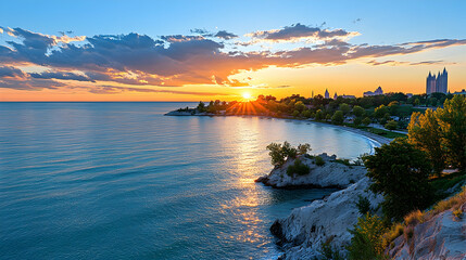 Coastal sunset, city skyline, tranquil beach, summer evening