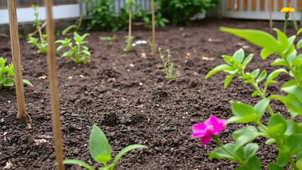 Young Plants Growing in a Vegetable Garden Bed