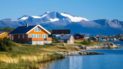 Fototapeta premium Coastal village houses, mountains, fjord, sunny day, travel postcard