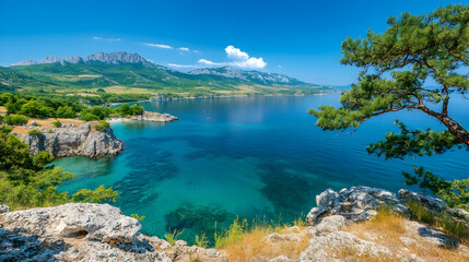 Fototapeta premium Coastal view serene bay, rocky cliffs, mountain backdrop, sunny day, summer vacation