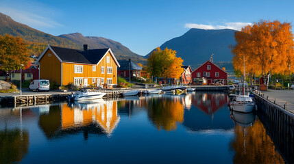 Naklejka premium Colorful autumn houses reflect in calm harbor, mountain backdrop, idyllic fishing village