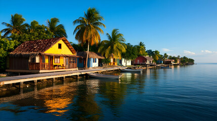 Obraz premium Colorful Caribbean waterfront houses, calm sea, palm trees, sunny morning, idyllic travel destination