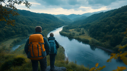 Couple hiking, scenic river valley view, mountain backdrop, travel adventure