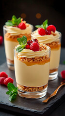Creamy dessert with raspberries, caramel, and cookie crust in glasses.  Delicious treat for restaurant menu