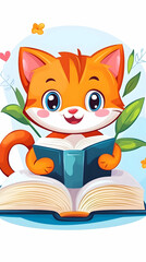 Cute kitten reading book, surrounded by flowers, spring background, for children's book illustration