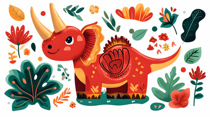 Cute red Triceratops amidst tropical leaves and flowers; children's book illustration