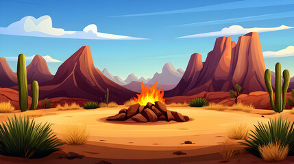 Desert campfire scenic landscape; sunlit mountains background; travel, adventure illustration