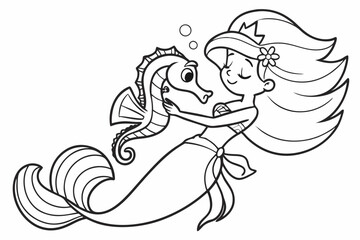 Mermaid hugs seahorse . Coloring page. Coloring book. Drawing of Mermaid hugs seahorse isolated on a white background. Vector outline