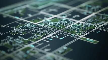 Modern Urban Planning 3D Visualization of City Grid and Green Spaces with Digital Overlay and Geometric Patterns