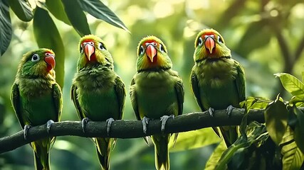 Four Green Parakeets Perched on a Branch in Lush Foliage