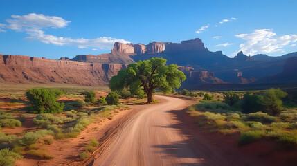 Desert road winds towards canyon under sunny sky, lone tree stands near bend, perfect for travel brochure