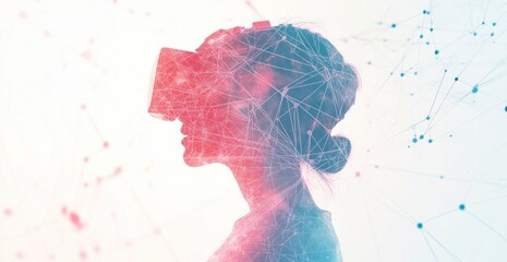 Woman wearing VR headset, digital overlay.