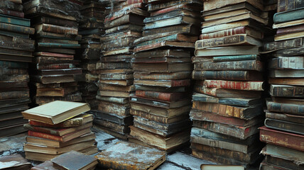 Obraz premium Stacks of old, worn books with various colors and textures, some with faded covers and spines, arranged haphazardly in a cluttered space. The background is filled with more books