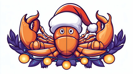 Festive crab wearing Santa hat, Christmas lights, winter holiday greeting card